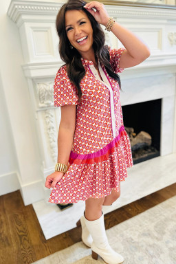 Orange Geometric Floral Print Color Block Trim Button Front Ruffle Hem Dress