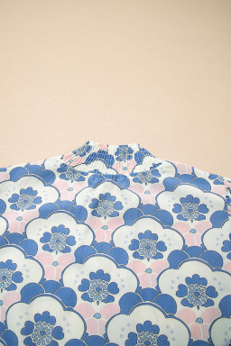 Sky Blue Floral Print Flounced Short Sleeve Contrast Trim V Neck Blouse