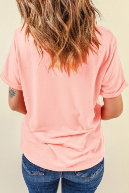 Pink Faux Quilted Mallard Casual Round Neck Tee