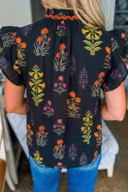 Black Floral Print Lace Trim Frilled V Neck Short Sleeve Shirt