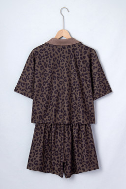 Brown V Neck Collar Leopard Printed 2pcs Short Set