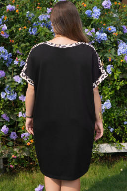 Black Plus Size Leopard Print Patchwork Shift T Shirt Dress with Pockets