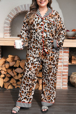 Khaki Plus Leopard Print Contrast Piping Striped Patchwork 2pcs Long Pajama Set