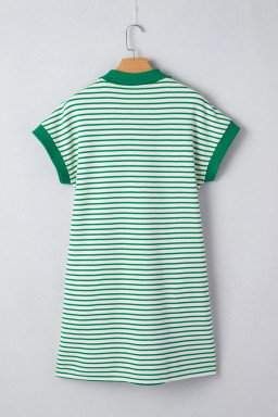 Green Stripe Ribbed Color Block Trim Sequin Clover Patched Polo Tee Dress