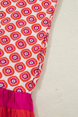 Orange Geometric Floral Print Color Block Trim Button Front Ruffle Hem Dress