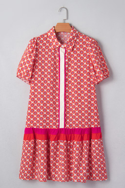 Orange Geometric Floral Print Color Block Trim Button Front Ruffle Hem Dress
