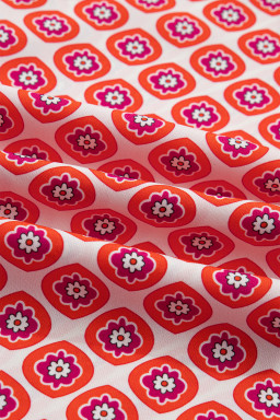 Orange Geometric Floral Print Color Block Trim Button Front Ruffle Hem Dress