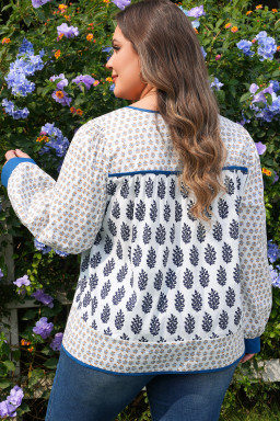 White Plus Size Boho Floral Print Contrast Trim Split Neck Puff Sleeve Patchwork Blouse