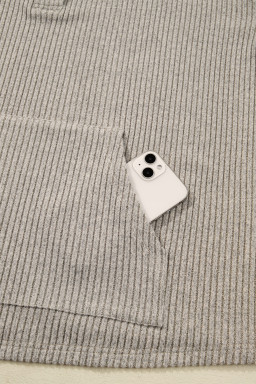 Simply Taupe Plus Size Ribbed Knit Kangaroo Pocket Henley Long Sleeve Top