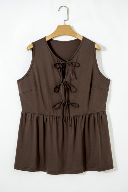 Coffee Plus Size Solid Color Bow Tie Peplum Tank Top