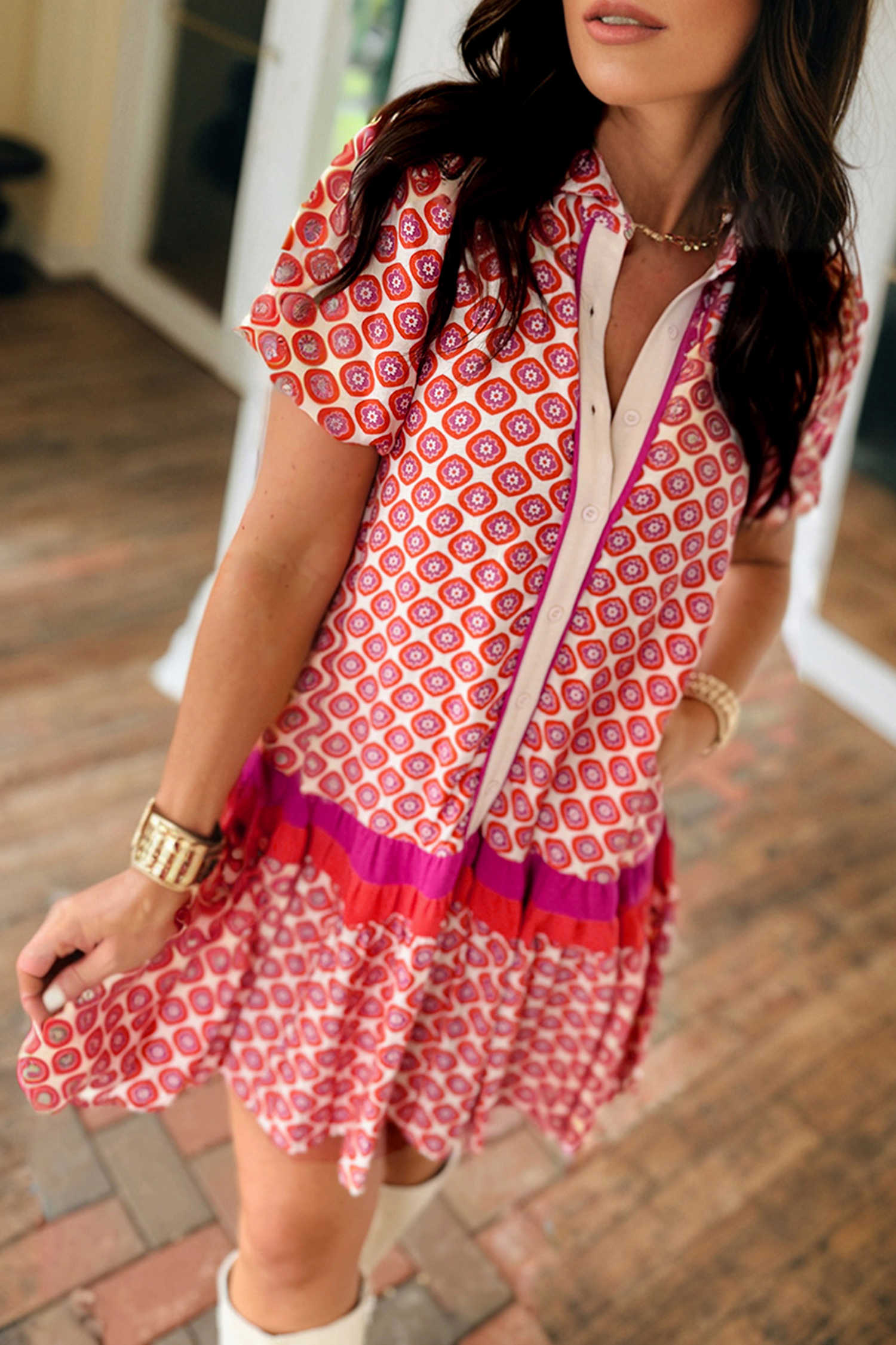 Orange Geometric Floral Print Color Block Trim Button Front Ruffle Hem Dress