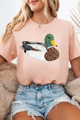 Pink Faux Quilted Mallard Casual Round Neck Tee