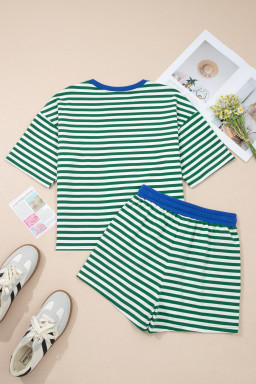 Green Stripe Drop Shoulder Boxy Casual Terry Short Set