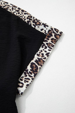 Black Plus Size Leopard Patchwork Round Neck Loose Tee