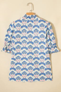 Sky Blue Floral Print Flounced Short Sleeve Contrast Trim V Neck Blouse