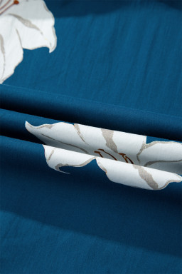 Blue Floral Print Shirt Collar V Neck 3/4 Sleeve Shift Midi Dress