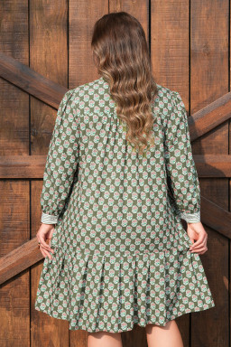 Green Contrast Striped Frilled Collar 3/4 Sleeve Plus Size Floral Dress