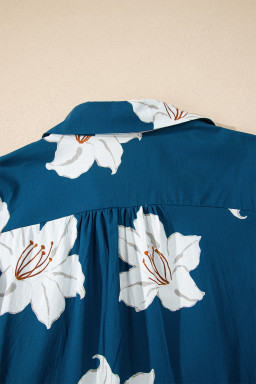 Blue Floral Print Shirt Collar V Neck 3/4 Sleeve Shift Midi Dress