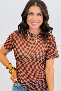 Orange Checkered Print Crew Neck Mesh T Shirt