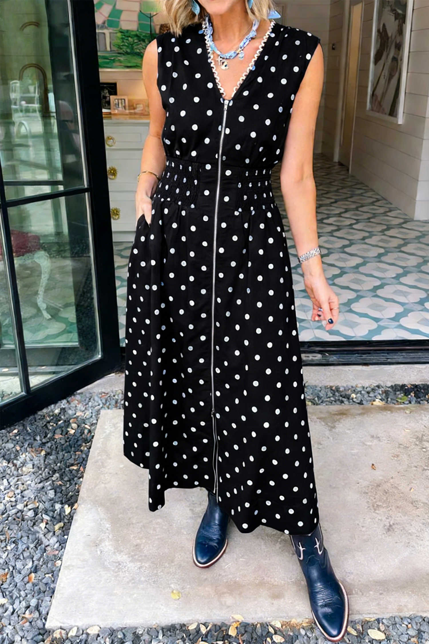 Black Polka Dot Print Contrast Trim V Neck Zip Up Sleeveless Dress