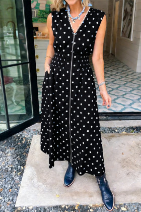 Black Polka Dot Print Contrast Trim V Neck Zip Up Sleeveless Dress