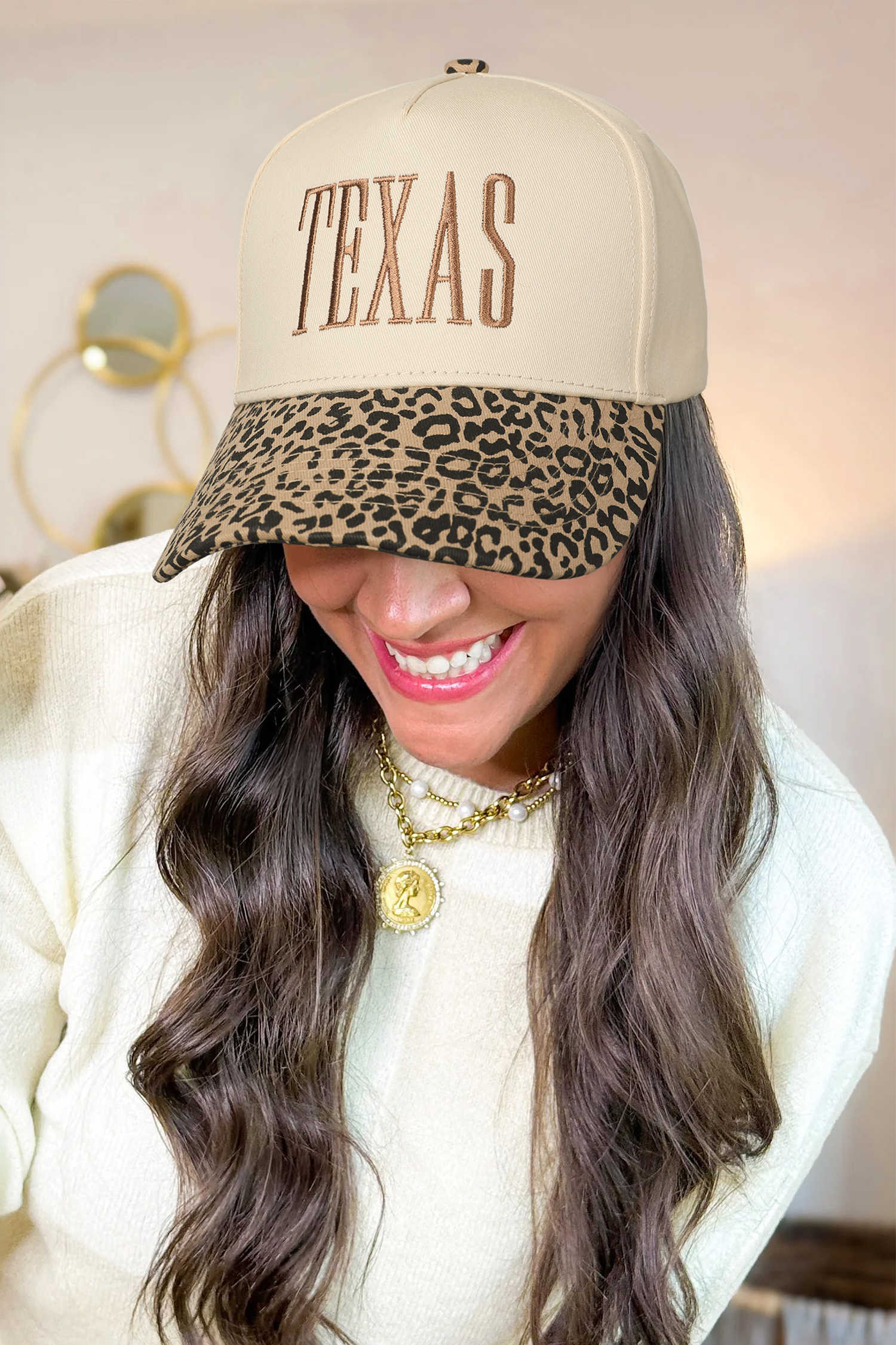 Camel TEXAS Embroidered Leopard Contrast Baseball Cap