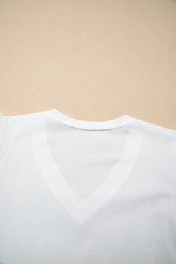 White Eyelet Embroidered Flutter Sleeve Patchwork V Neck Tee