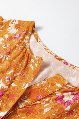 Orange Floral Print Smocked Waist Long Sleeve Boho Maxi Dress