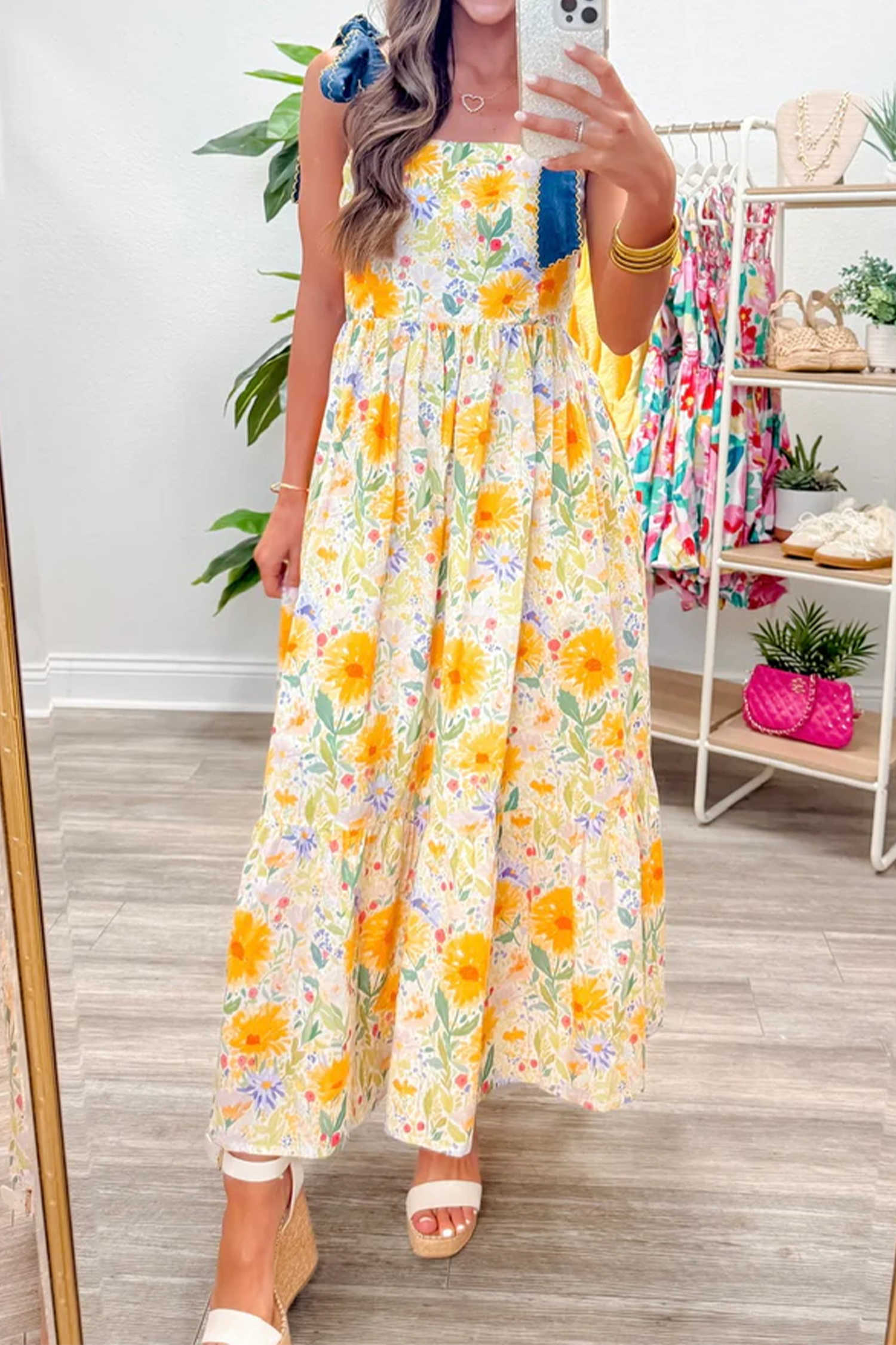 Yellow Floral Print Contrast Stitched Knot Denim Straps High Waist Maxi Dress