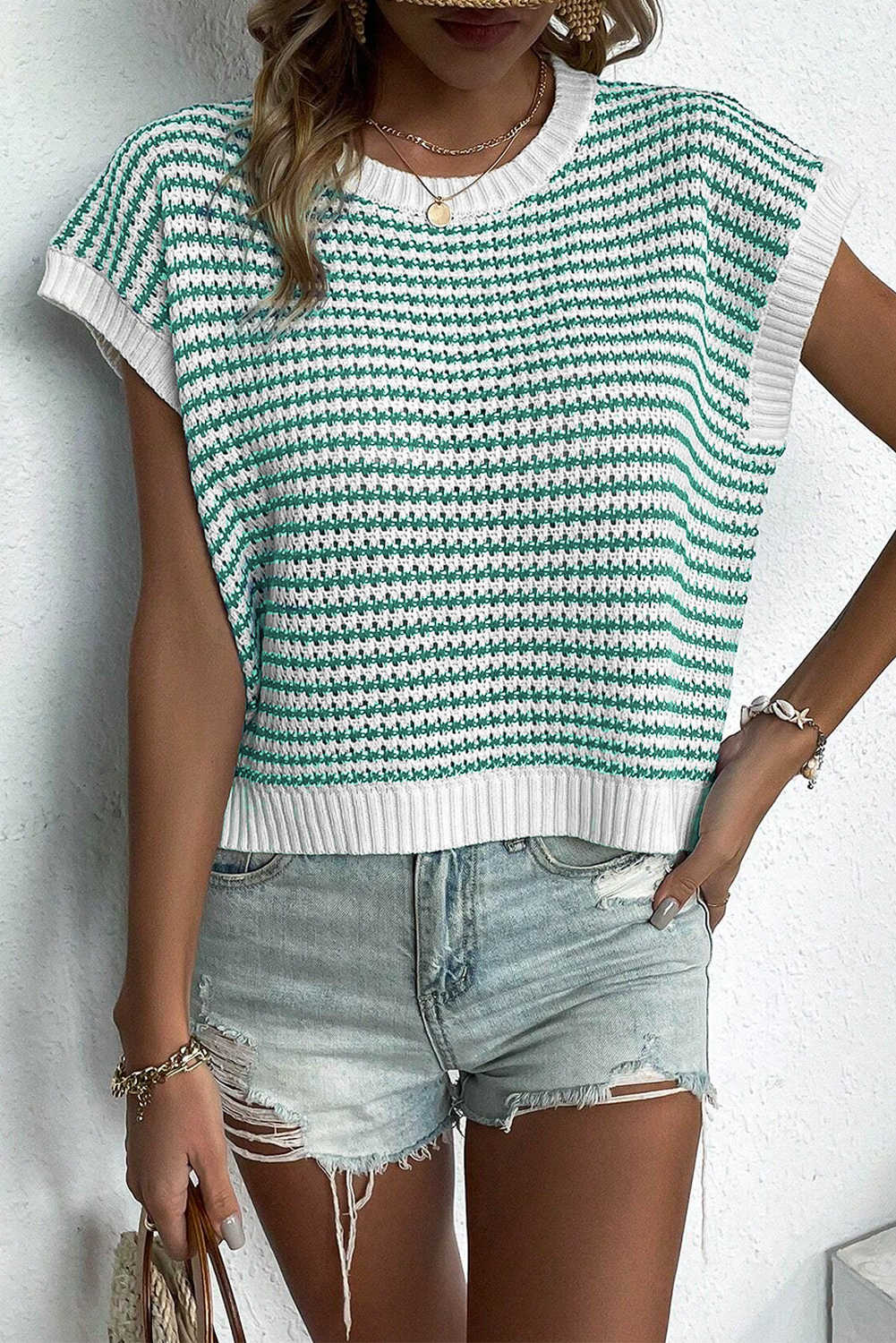 Green Stripe Ribbed Trim Loose Fit Knitted Sweater Vest