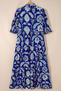 Blue Wild Floral Print Frilled Collar Half Sleeve Long Dress