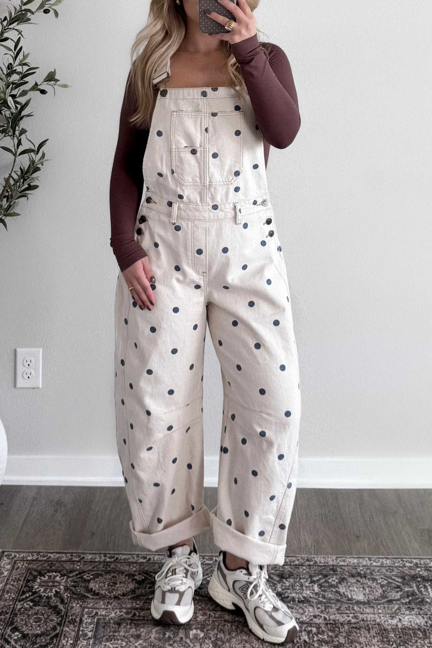 Jet Stream Polka Dot Print Bib Pocket Denim Barrel Overalls Jumpsuit