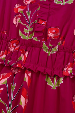 Red Floral Print Frilled V Neck Short Sleeve Ruffle Maxi Dress