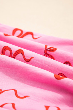 Pink Bow Print Striped Patchwork Elastic Waist Lace Trim Loose Shorts