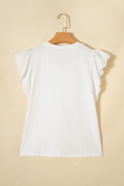 White Eyelet Embroidered Flutter Sleeve Patchwork V Neck Tee