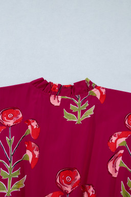 Red Floral Print Frilled V Neck Short Sleeve Ruffle Maxi Dress