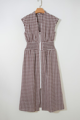 Coffee Plaid Print Full Zipper Cinched Waist Fit Flare Sleeveless Maxi Dress