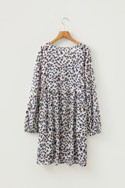 Multicolour Leopard Print V Neck Button Detail Long Sleeve Mini Dress