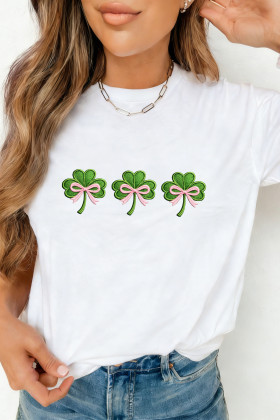 White Ribbon Bow Clover Embroidered Casual T Shirt