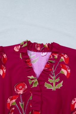 Red Floral Print Frilled V Neck Short Sleeve Ruffle Maxi Dress