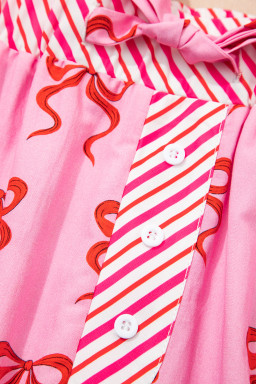 Pink Bow Print Striped Patchwork Elastic Waist Lace Trim Loose Shorts