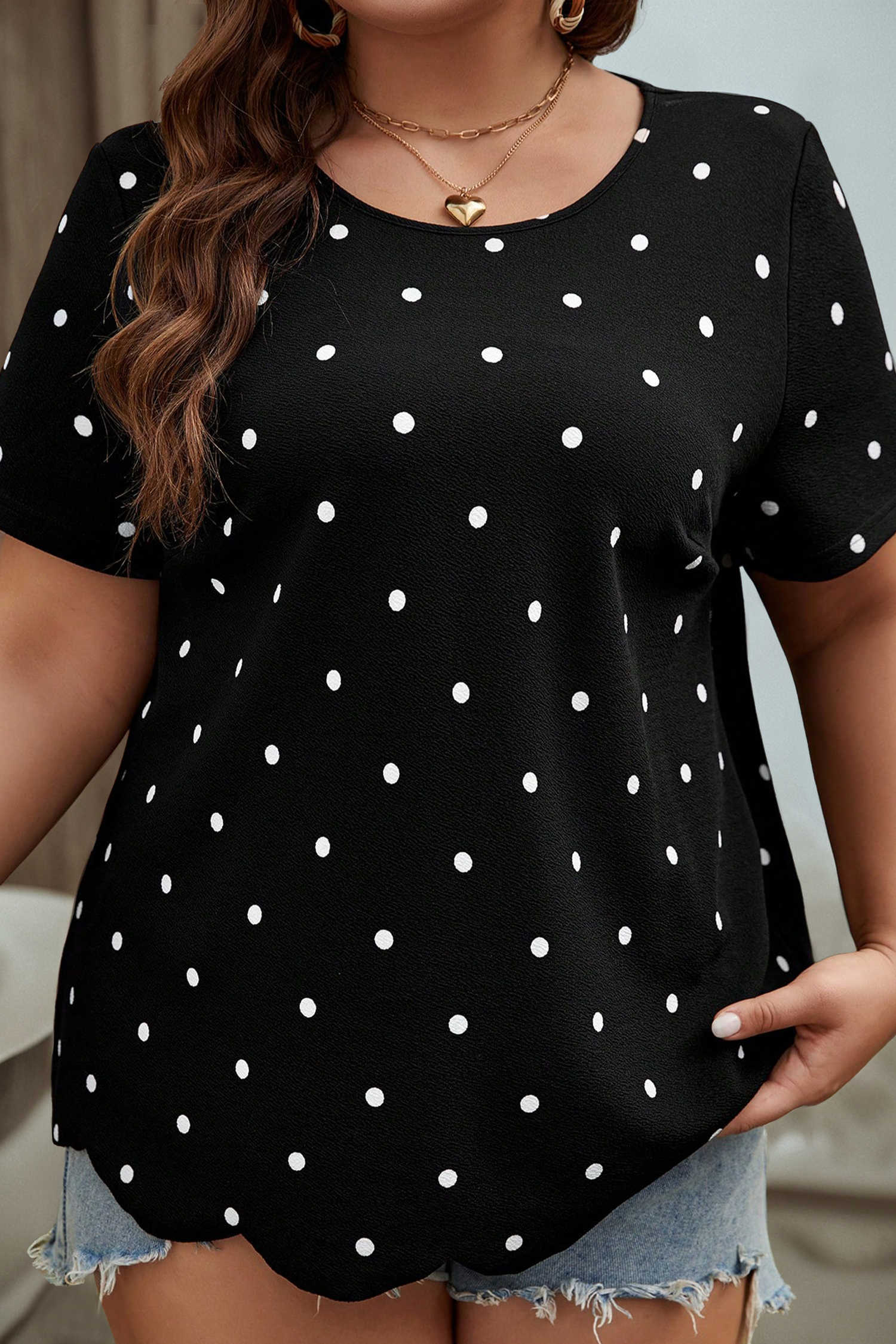 Black Plus Size Dotted Casual T Shirt