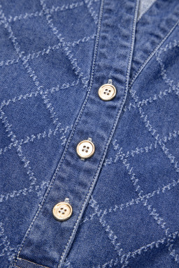 Sail Blue Rhombus Textured Collar Buttoned V Neck Denim Sleeveless Mini Dress