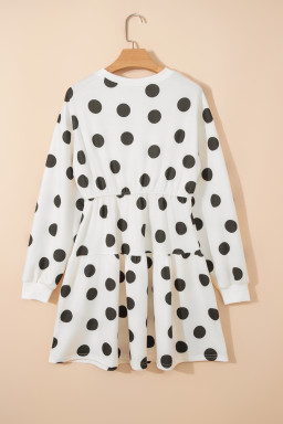 White Polka Dot Printed Long Sleeve Flared Mini Dress