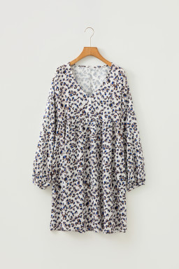 Multicolour Leopard Print V Neck Button Detail Long Sleeve Mini Dress