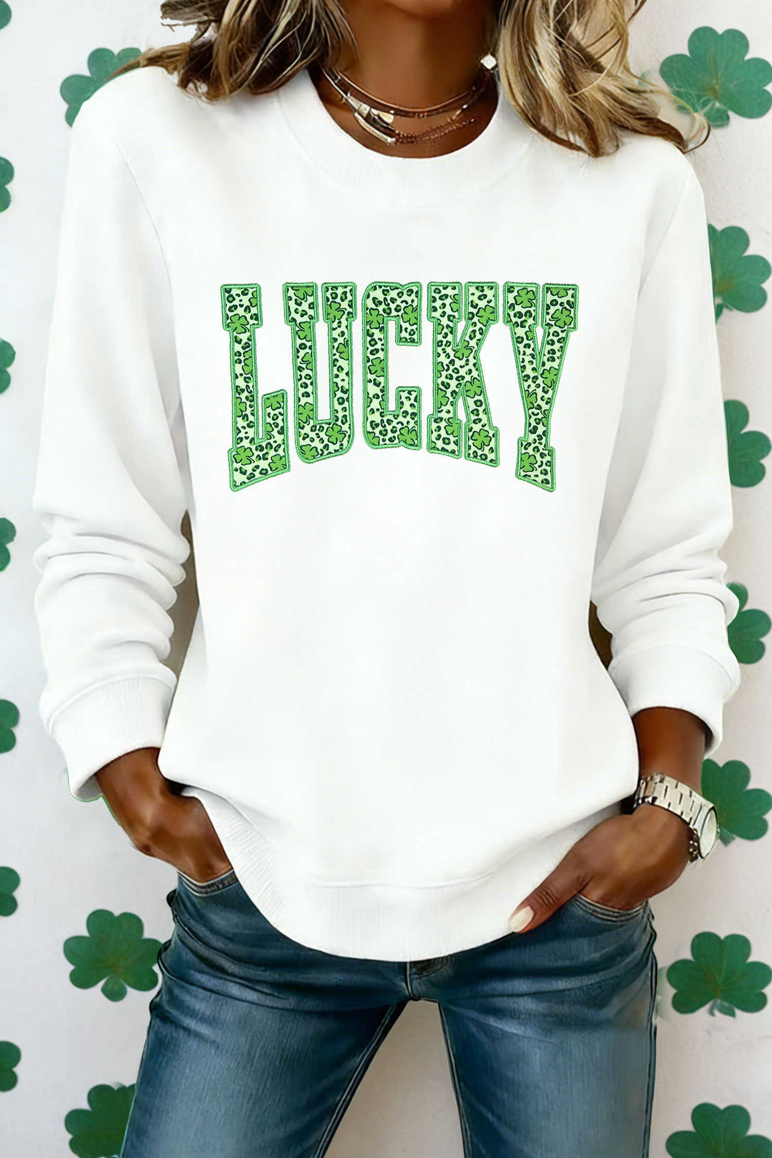 White Leopard Cover LUCKY Embroidered Patch Graphic Sweatshirt