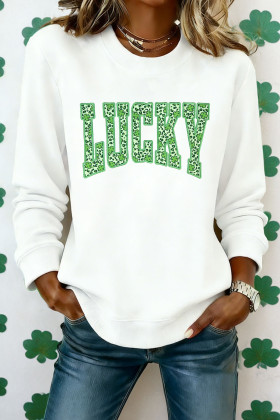 White Leopard Cover LUCKY Embroidered Patch Graphic Sweatshirt