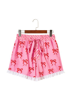 Pink Bow Print Striped Patchwork Elastic Waist Lace Trim Loose Shorts