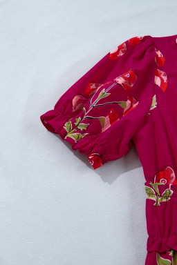 Red Floral Print Frilled V Neck Short Sleeve Ruffle Maxi Dress