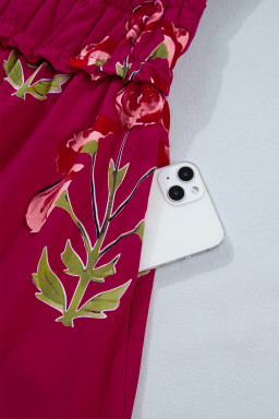 Red Floral Print Frilled V Neck Short Sleeve Ruffle Maxi Dress